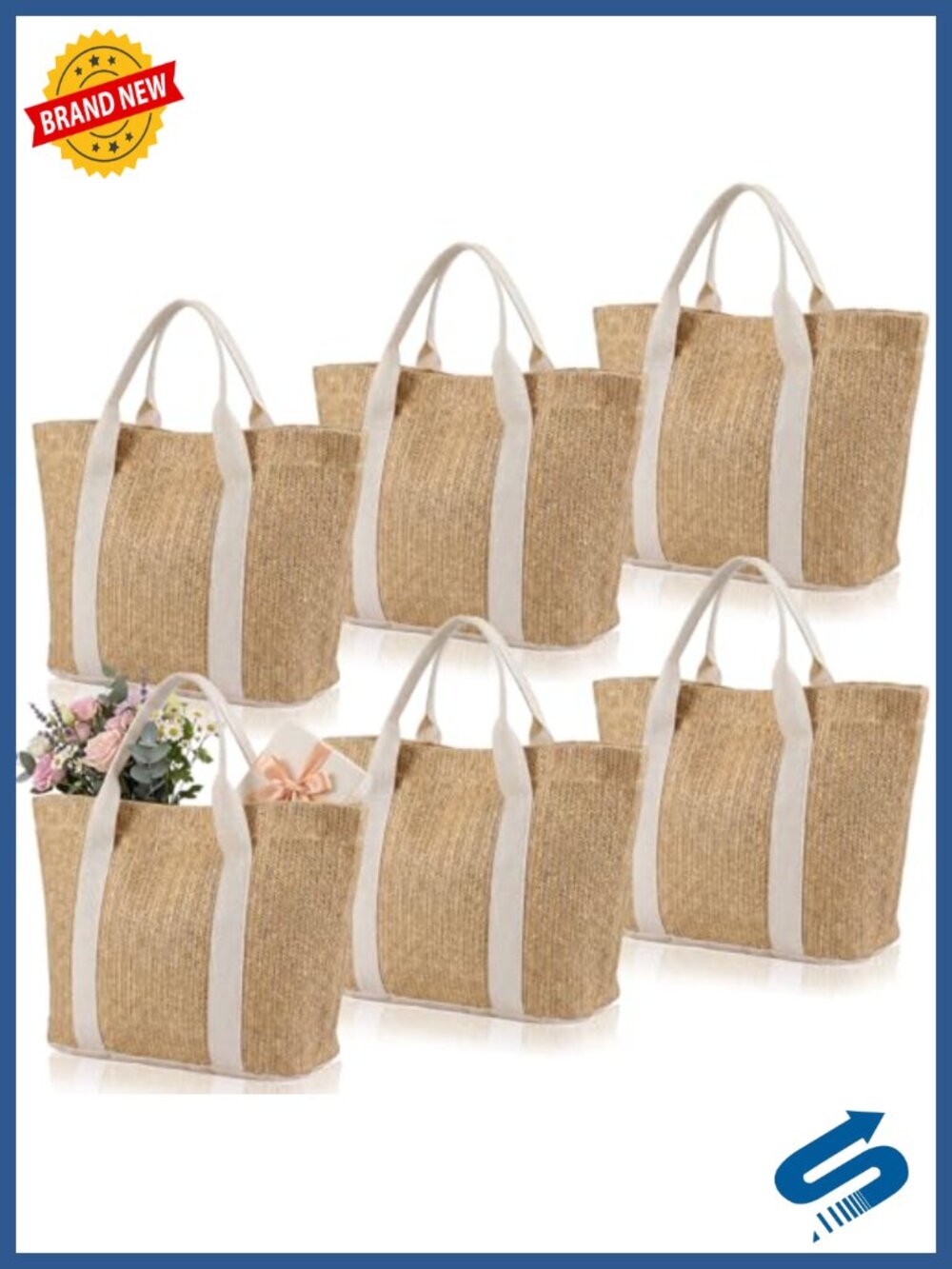 Handwoven Burlap Tote Bag with Reinforced Handles, Large Capacity, Pack of 6